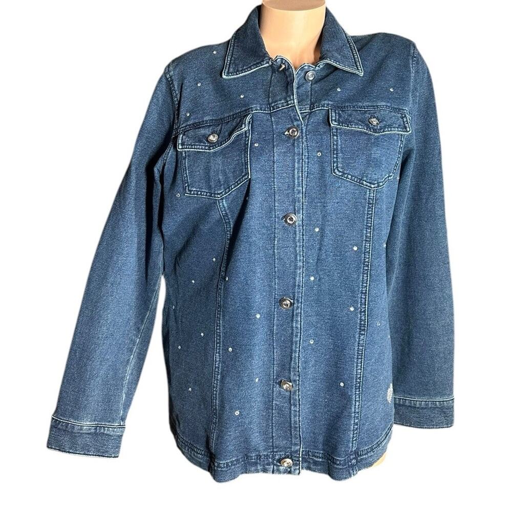Quacker Factory Dream Jeannes Dark Wash Rhinestone Knit Denim Jean Jacket Size M